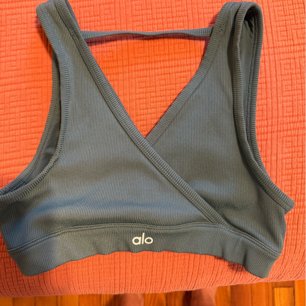 ALO Yoga Teal Sports Bra with Wrap V-Neck - Picture 2 of 4